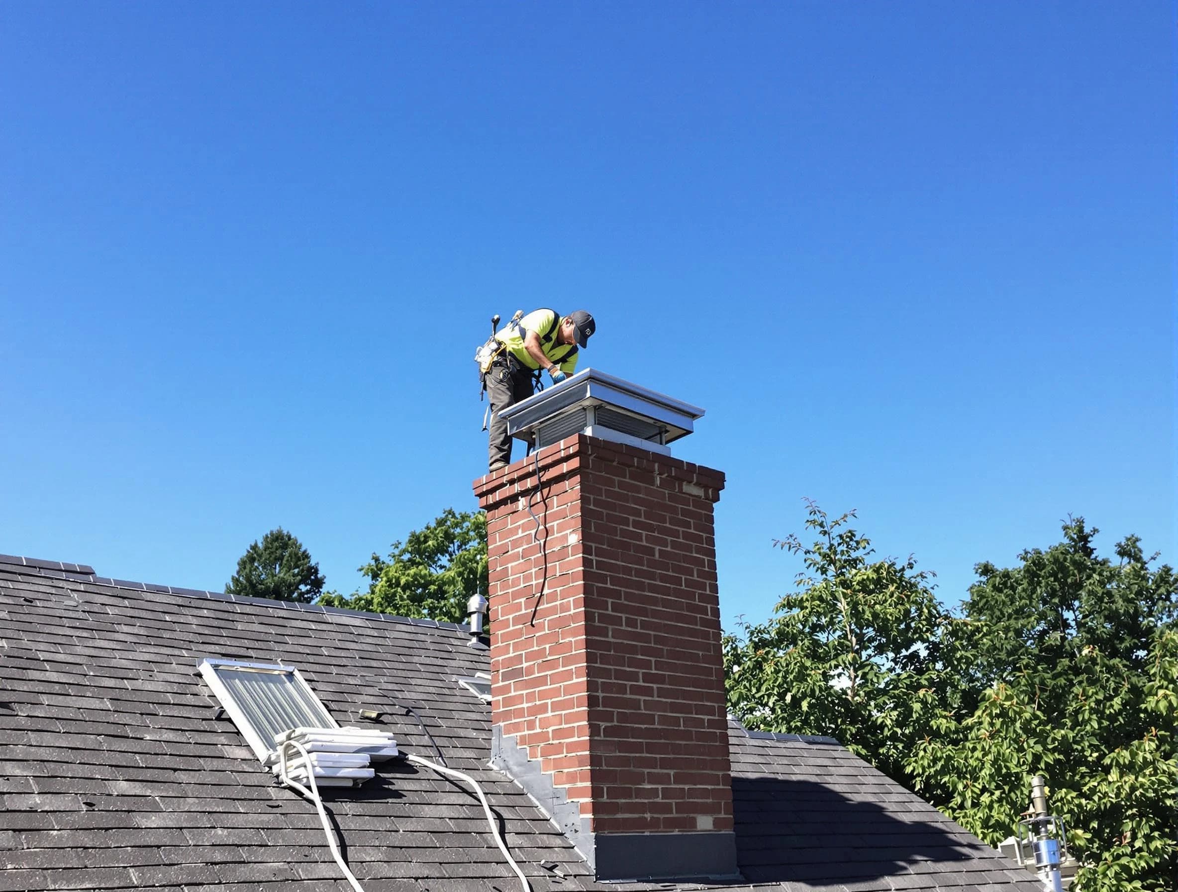 New Kensington Chimney Sweep technician measuring a chimney cap in New Kensington, PA